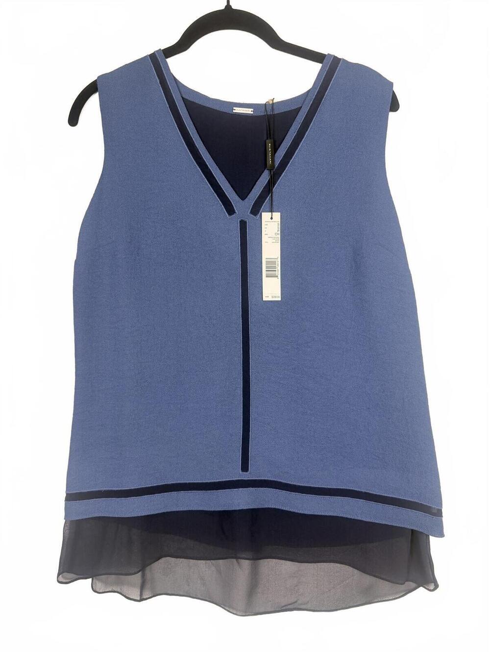 Elie Tahari Layered Crepe Blouse Blue Navy V-Neck Sleeveless Top‎ Small NWT